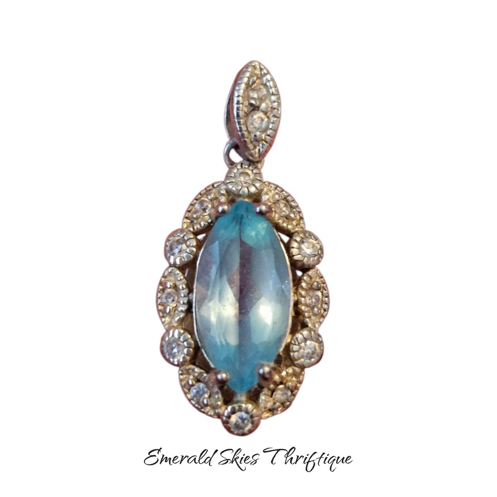 Sterling Silver Blue Marquis Stone Pendant VtgbStyle Rhinestone Drop free ship